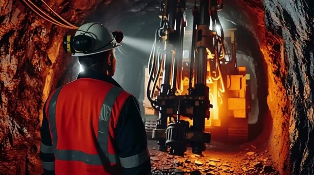 Mining Operation, Worker, Underground Tunnel, Photo, Industrial Environment, Close-up View, Heavy Machinery in Action