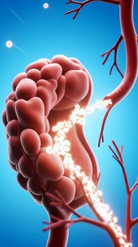Close up of a magnified kidney nephron with flowing blood cells and filtering process shown in a medical animation on a blue background