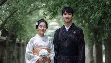 新緑の木立の下で白無垢と紋付袴の新郎新婦が静かに佇む