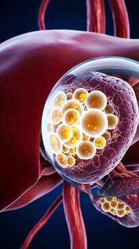 Close Up Of Gallstones Forming Inside The Gallbladder With Blood Vessels On Dark Blue Background Detailed Medical Illustration