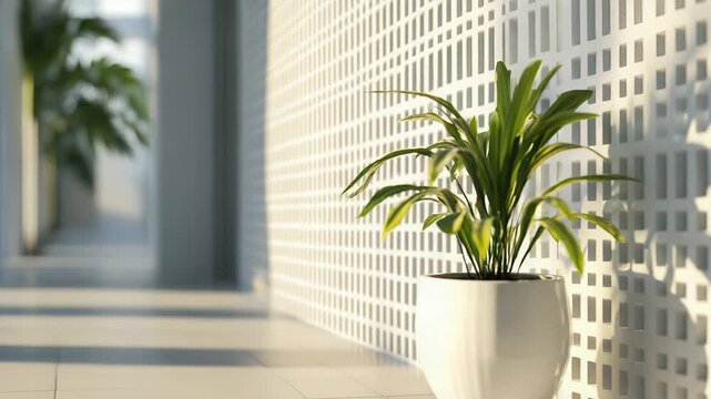 Green potted plant bringing a touch of nature and freshness to a modern interior design space, illuminated by warm sunlight casting abstract shadow patterns on a unique perforated wall
