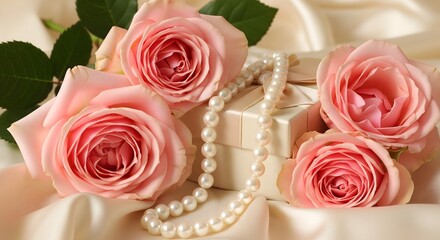 Pink roses and pearls on silk fabric, close-up