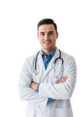 Young caucasian male doctor in a white lab coat and blue shirt, smiling confidently with a stethoscope, posed arms crossed against a bright white studio background, representing medical