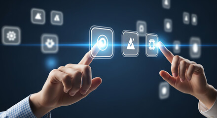 Futuristic Digital Interface with Touchscreen Technology and Data Icons.