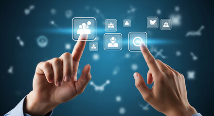 Hands interacting with digital icons representing technology and connectivity in a futuristic setting.
