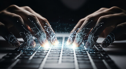 Close-up of hands typing on a backlit keyboard with water splash effects.