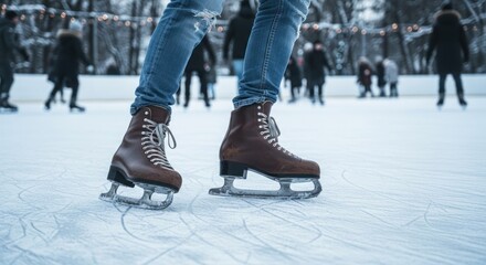 Obraz premium Close-up of ice skates on ice. Others skate in the background, a winter scene, slightly blurred