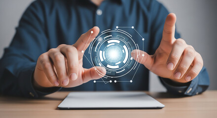 Futuristic Technology Interface with Touchscreen Interaction and Digital Data Visualization.