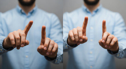 Close-up of a person demonstrating different hand gestures for communication.