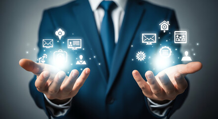 Businessman Using Digital Technology and Cloud Computing Concepts.