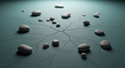 Abstract composition of pebbles on a textured surface with branching veins