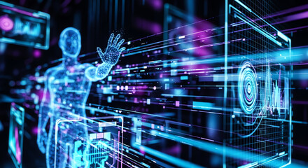 Futuristic Digital Human Avatar with Data Stream Background for Technology Concept.