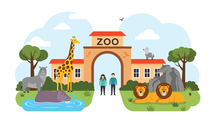 Obraz premium Family-friendly zoo entrance featuring various exotic animals like a giraffe, hippopotamus, and lions along with two visitors at the gate.