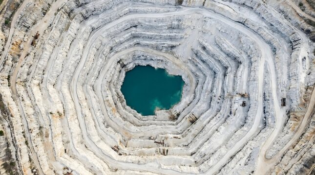 Aerial view of deep open pit mine with turquoise water, industrial limestone quarry excavation site, massive terraced mining crater landscape