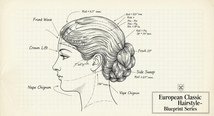 Fototapeta premium Detailed Blueprint Illustration of a Classic European Hairstyle.