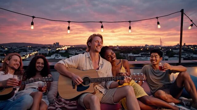 Diverse friends enjoy a rooftop sunset party, playing acoustic guitars