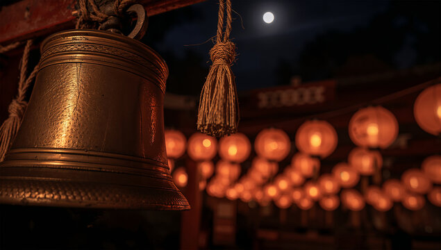 祭礼前夜、提灯の灯り越しに鈴と注連縄を劇的に切り取る