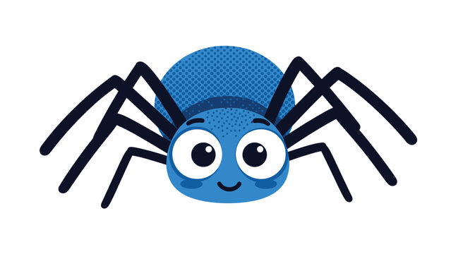 Extremely cute and friendly blue spider character with large expressive eyes and a smile on a clean white background for children.