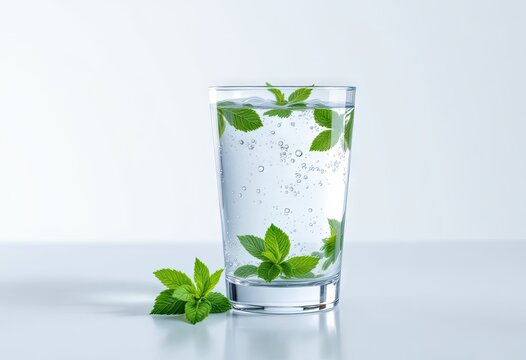 Glass of water with mint leaves, floating and resting, on reflective white surface