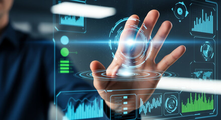 Futuristic technology interface with holographic data visualization and digital hand interaction.