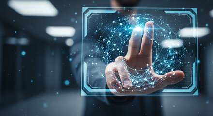 Futuristic Digital Interface with Hand Interaction in a High-Tech Environment.