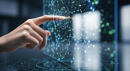 Futuristic Digital Interface with Hand Interacting with Virtual Data.