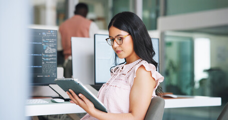 Woman, software developer and research in office with tablet, glasses or plan for web design project. Digital designer, female person and coworking with AI tech, review and programming idea for site. © Flash25/peopleimages.com