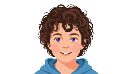 Fototapeta premium Cheerful young boy with brown curly hair and bright purple eyes wearing a blue hoodie and smiling warmly at the camera.
