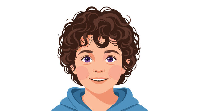 Cheerful young boy with brown curly hair and bright purple eyes wearing a blue hoodie and smiling warmly at the camera.