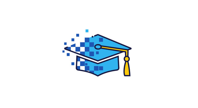 Pixelated blue graduation cap with yellow tassel, modern design