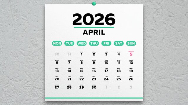 A nice April 2026 page of a wall calendar with the date of Easter highlighted