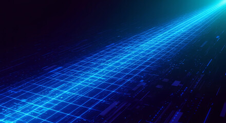 Futuristic Digital Data Stream with Bright Blue Light and Grid Pattern.