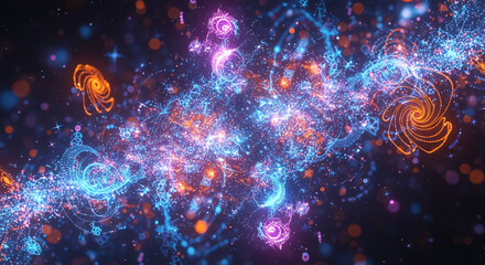 Colorful Abstract Space Scene with Galaxies and Cosmic Elements.