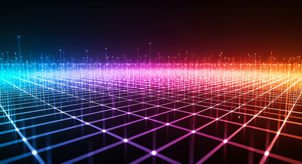 Futuristic Digital Grid with Vibrant Light Spectrum and Neon Effects.