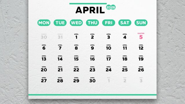 Close-up of a nice April 2026 calendar page with the date of Easter highlighted