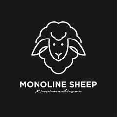 Monoline Sheep Head Logo Design, Minimalist Outline Animal Icon Vector Illustration on Dark Background