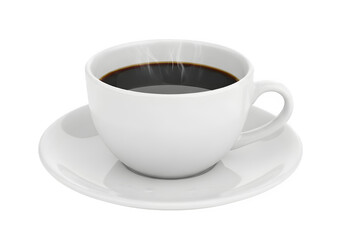 White Ceramic Coffee Cup with Black Coffee on Saucer Isolated on White or Transparent Background