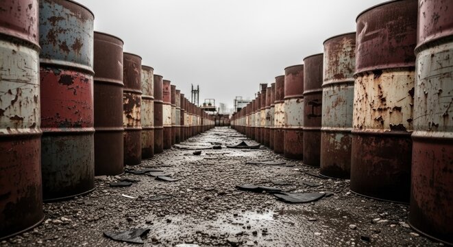 Row of weathered, rusty barrels, hinting industrial storage under a cloudy sky