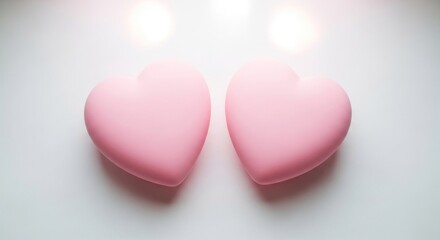 Fototapeta premium Two pastel pink heart-shaped objects on a white surface, lit from above, simple & clean