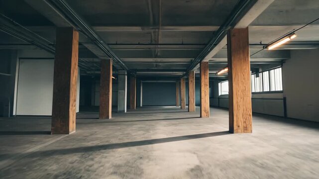 Large empty industrial loft space featuring exposed wooden pillars, a concrete ceiling with visible pipes, and expansive windows along the wall, ready for new development or creative use
