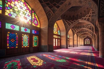 Interior of a mosque with sunlight streaming through stained glass windows, colorful patterns projected on the floor and walls