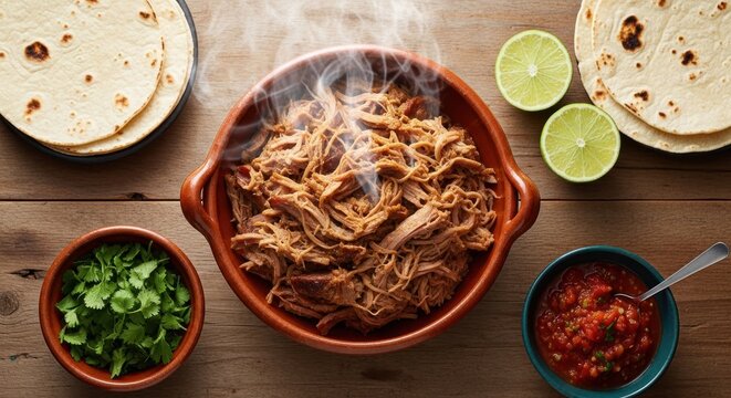 Warm, steaming shredded meat in a bowl, surrounded by tortillas, lime, salsa and cilantro