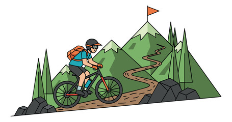 Fototapeta premium Line art illustration of a man mountain biking up a winding path for outdoor adventure