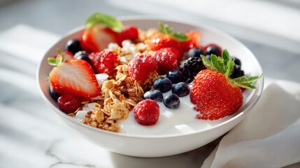 A close-up shot of a healthy yogurt bowl, overflowing with vibrant berries and crunchy granola. The bright composition highlights freshness