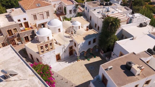 Aerial view of Agios Ioannis Prodromos Church in Patmos island, Greece