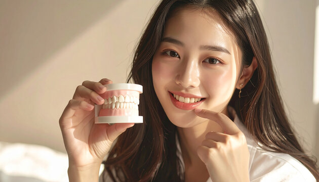 치아모형을 들고 웃고있는 치과모델