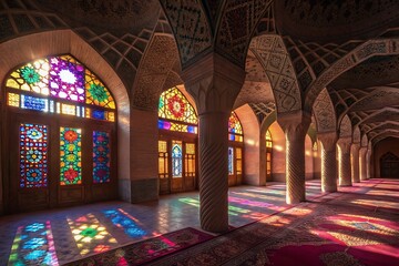 A peaceful mosque interior illuminated by sunlight filtering through vibrant stained glass, multicolored light casting dynamic shadows