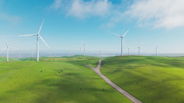 High above the Altamont Pass wind farms, the drone frames rolling landscapes, distant highways, and towering turbines in harmonious balance.
