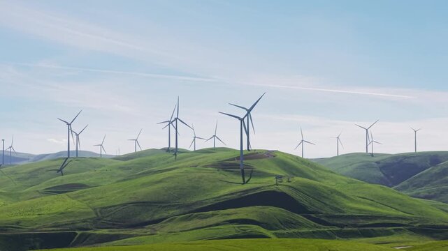 A lockdown drone view of the farm of Windmills near the Altamont Pass in Dublin California.