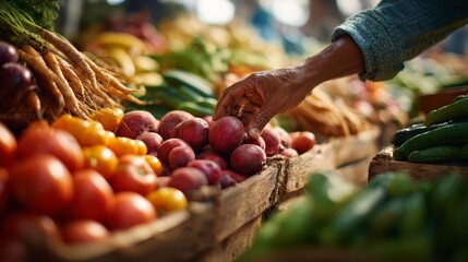 A close-up shot of a person selecting fresh produce at an outdoor market stall, focusing on various colorful fruits and vegetables